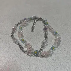 ピンクと水色フラワーモチーフの二重巻きブレスレット　ガラスビーズ　パール