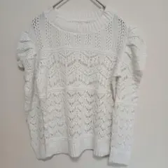 パフスリーブ 透かし編みニット プルオーバー ホワイト 白