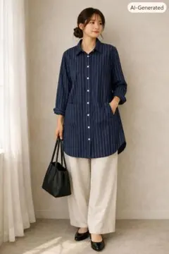 極美品　ストライプ　ロングシャツワンピース　大きいサイズ　羽織り　大人カジュアルのサムネイル