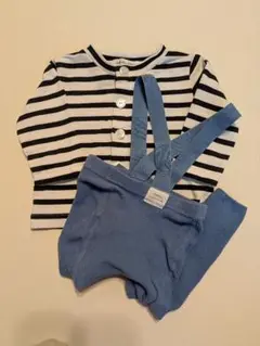 ストライプボタン付きシャツとサスペンダー付きパンツセット　70〜80