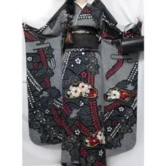 やや難あり◆ 振袖単品168.5cm◆正絹総絞り黒ブラック系成人式前撮りT40Sのサムネイル