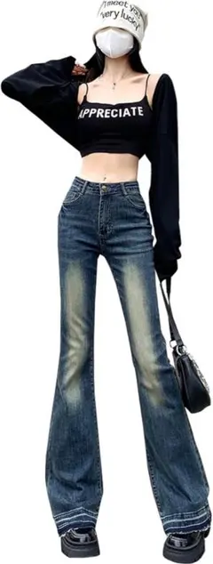 フレアデニム レディース ジーンズ ダメージ 美脚 ロングパンツ ジーパン