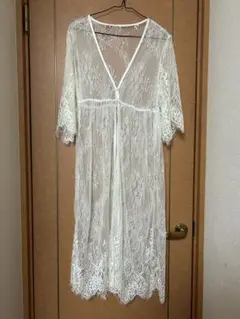 長袖レースガウン　ホワイト　ロングカーディガン　総レース　シースルー　ワンピース