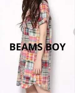 BEAMS BOY古着マドラスチェック ピンク系パッチワークチュニックワンピースのサムネイル