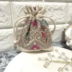 インド刺繍リボン巾着ポーチ　ピンク系