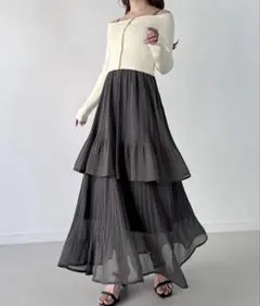 セミオフショルニットカーデ＋プリーツドッキングキャミワンピースset