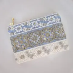 インド刺繍リボン　フラットポーチ