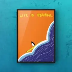 ⭐︎A4フレーム付き⭐︎オリジナルアートポスター PENGUIN 海 サーフィン