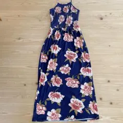 ハートヒップス 花柄 マキシ丈 ワンピース ホルターネック 紺 桃 レーヨン