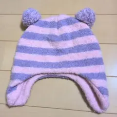 耳付きピンク紫ストライプニット帽