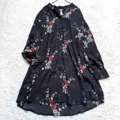 【新品】H&M 花柄Vネックチュニックワンピース 黒 ブラック