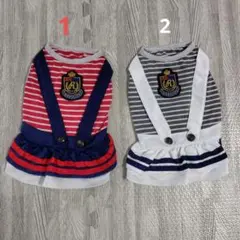 犬服 サスペンダー付きストライプワンピース