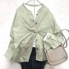 美品✨️MHL. エムエイチエル／コットンリネン バンドカラーシャツ 麻 カーキ