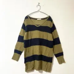 ☆【セブンデイズサンデイ】ニット ボーダー柄 Vネック 長袖 カジュアル L相当