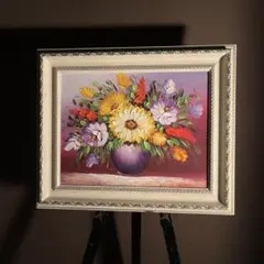 手書き油絵 花瓶のバラ 額付 肉筆絵画 インテリア 油彩画 ☆秀作☆ 手書き油絵 花瓶のバラ 額付 肉筆絵画 インテリア 油彩画
