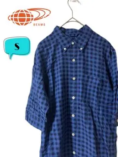 BEAMS ビームス　チェック　レーヨン混　半袖ボタンダウンシャツ　Sのサムネイル