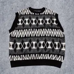 ライトオン ニットベスト L ジオメトリック柄 モノトーン レトロ