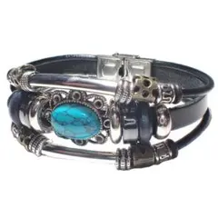 ⑬　三連　ターコイズブルー　レザーブレスレット　インディアン　黒色