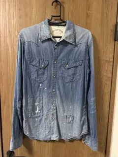 【人気】ヒルフィガーデニム ウエスタンシャツ 加工デニム リペア ペイント Sのサムネイル