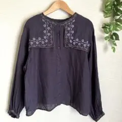 【TSUHARU】セーラー刺繍ブラウス　リネン100% パープル　Free