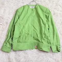 6932 美品✨ノリコカズキ ノーカラージャケット M リネン グリーン 綺麗め