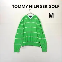 トミーヒルフィガーゴルフ　ニットセーター　Vネック　M グリーン　ボーダー