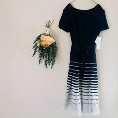 ペルソデア ワンピース / 半袖 ボーダー ウエストリボン ネイビー