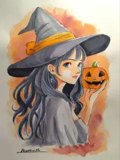 手描きイラストA4　コピック・水彩画『魔女とかぼちゃ』