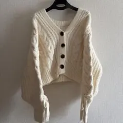 INGNI ケーブル編みショートカーディガン アイボリー リボンスリーブ