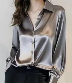 タイムサービス！光沢サテン シルバー 長袖 ボタンシャツ ブラウス 艶々