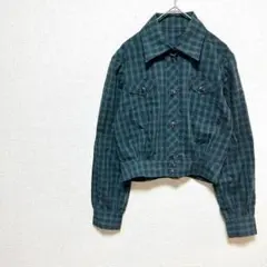 【春秋◎】チェック柄ショートジャケット ライトアウター オシャレボタン グリーン
