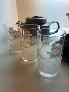 昭和レトロ　グラス　3個セット　メルヘン　パステルカラー　花束　リボン　日本製