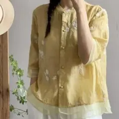 ブラウス　レディース　７分袖　花柄刺繍