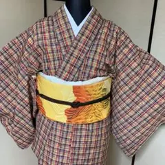 黒赤黄他チェック柄 紬単衣着物 S