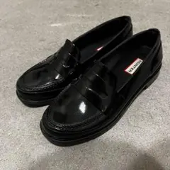 HUNTER/ハンター】美品 レイン ローファー シューズ リボン 黒 36