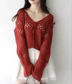 earth music&ecology フロントリボン透かし編みカーディガン