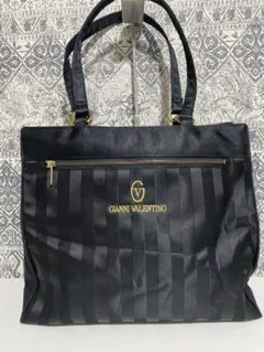 【良品】GIANNI VALENTINO ナイロン ストライプ トートバッグ 黒のサムネイル