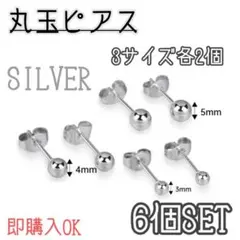 丸玉ピアス　3種　6個セット　シルバー　3サイズ　ボールピアス　両耳　片耳　銀色