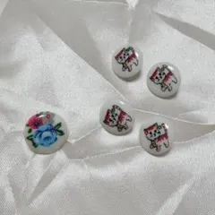 【希少・昭和レトロ】丸ボタン　ネコ、花　白　5個セット