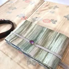 リバーシブル半幅帯 油彩な縞紬×桜小紋