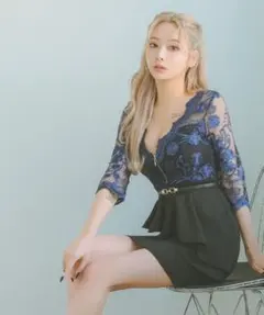 Tika　キャバドレス　バストジップ　ペプラム　タイトミニドレス　S　花柄レース