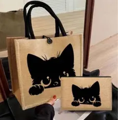 黒猫バッグ　ポーチ付き　猫　バッグ　トートバッグ　新品　猫柄　大容量