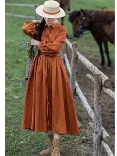 レトロ ゆったり カジュアル 長袖 シャツワンピース 無地 体型をカバー