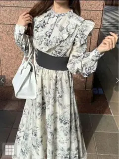 花柄フリルウエストリブフレアワンピース[kz413] Mサイズ