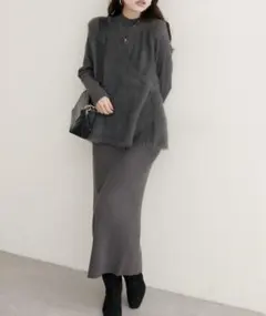 natural coutureフェザーぺプラムベスト＋リブタイトワンピースSET