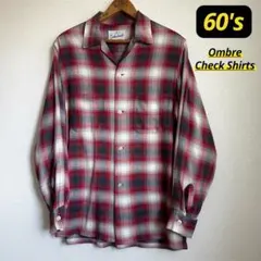 60's オンブレ シャドーチェック レーヨン シャツ 開襟 好配色 赤黒 M