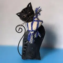 【ビンテージ・黒猫型・ブリキ製・キャンドルスタンド・ニットマフラー付き 】のサムネイル