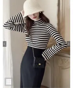 GRL ボーダー柄フレアスリーブリブニットトップス　ブラック M