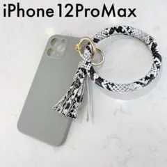 残1 iPhone12ProMaxケース★リング付きソフトケース　グレー×白ヘビ