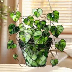 グリーン ポトス ハート ステンドグラス風 サンキャッチャー 光 幸福 葉
